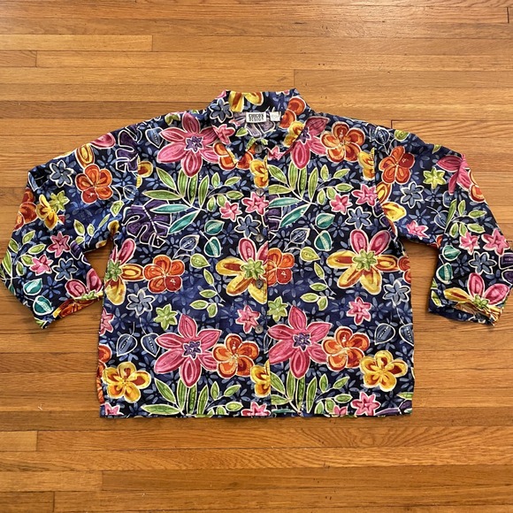 Chico's Jackets & Blazers - Vintage Chico's Design Jacket Womens 2 Blue Silk Floral Art Print Button Up 90s